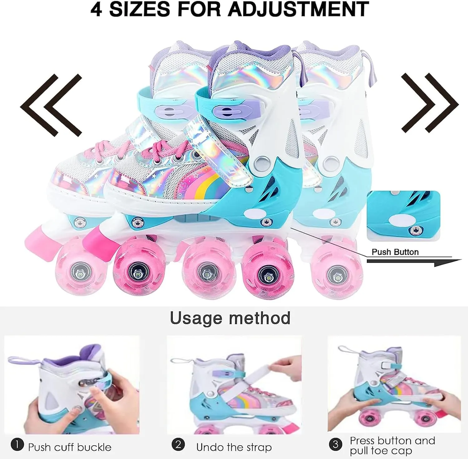 Adjustable Kids Roller Skates M Size 35-38 Pink