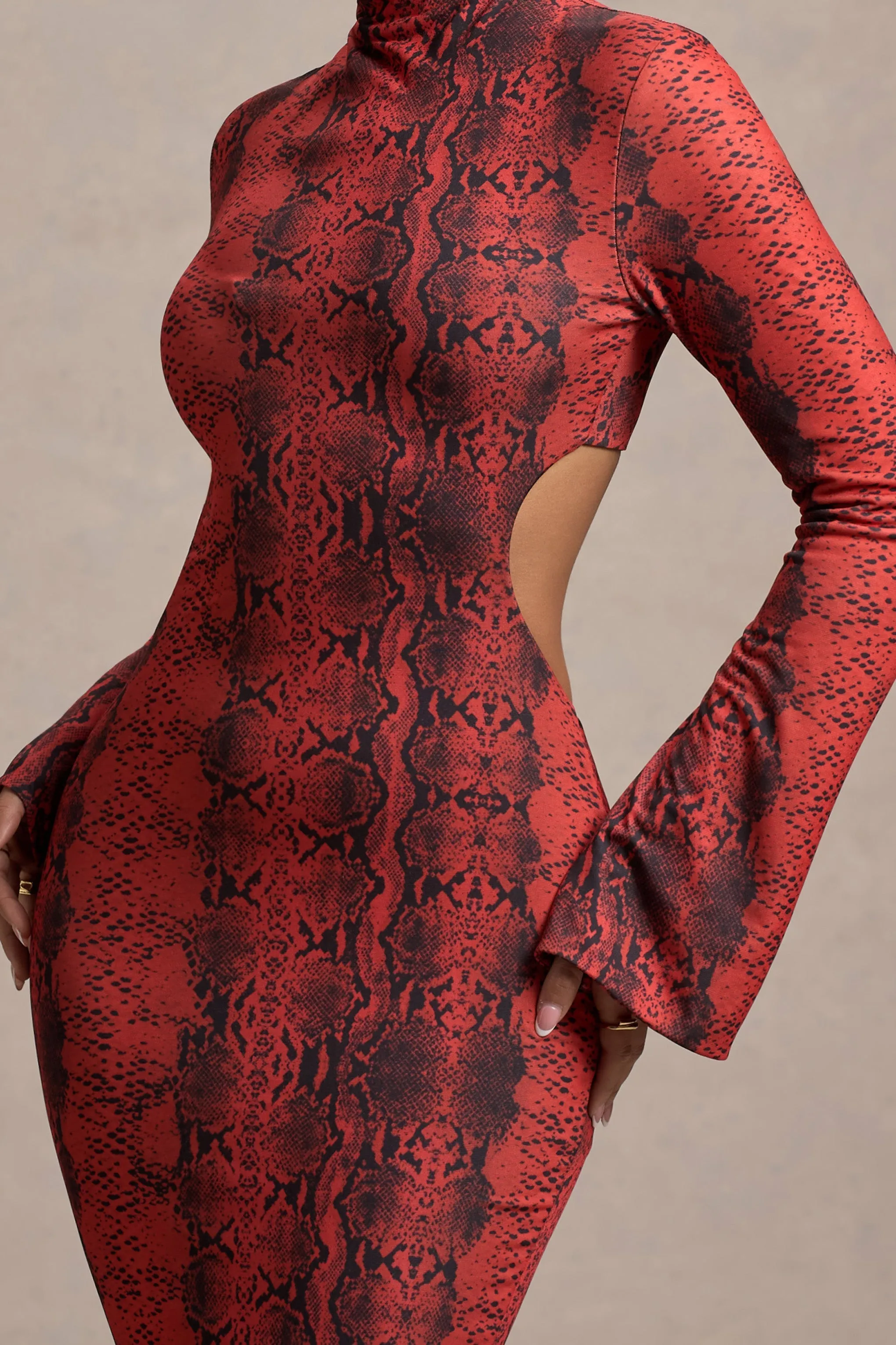 Arabia | Red Snake Print High-Neck Cut-Out Maxi Dress