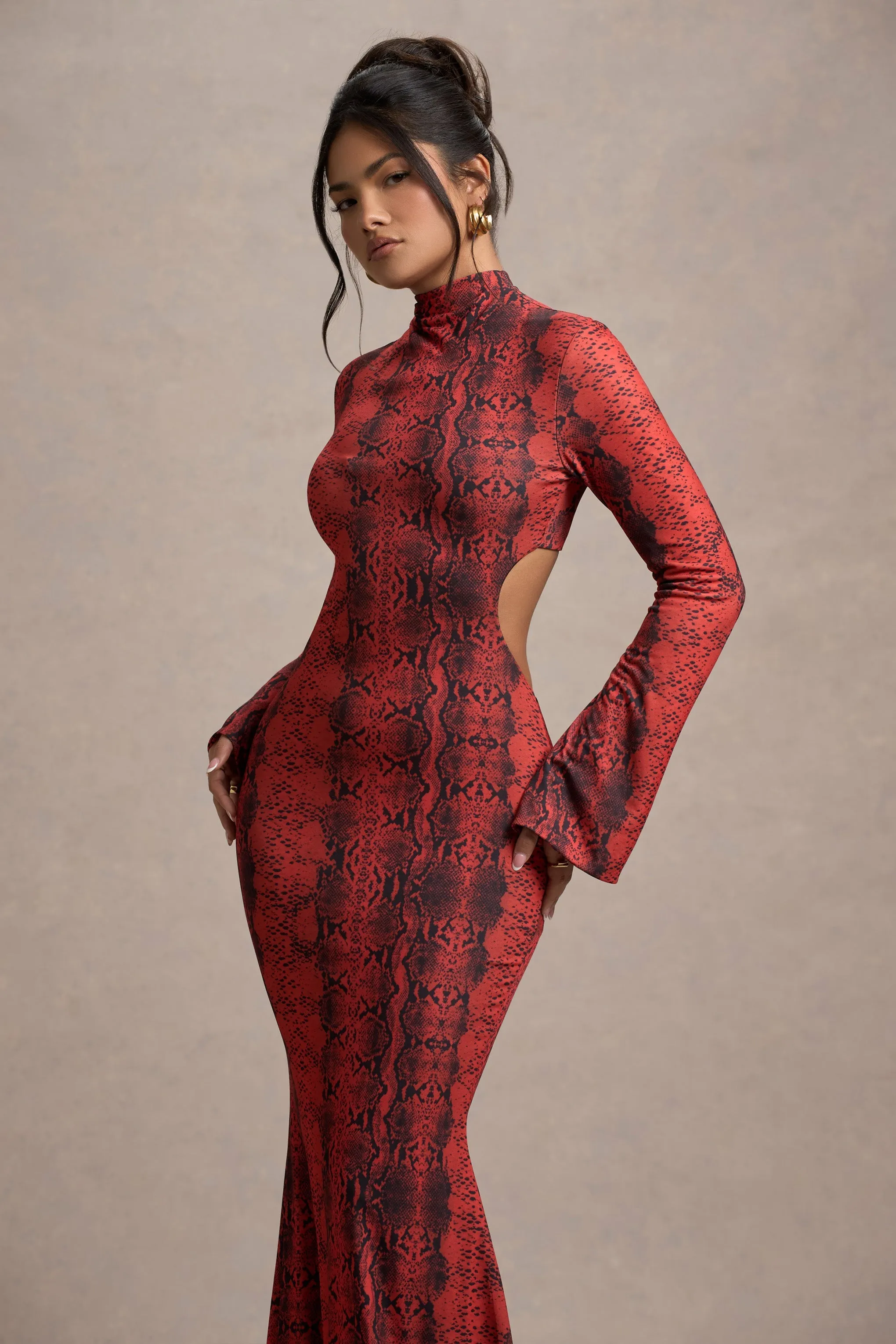 Arabia | Red Snake Print High-Neck Cut-Out Maxi Dress