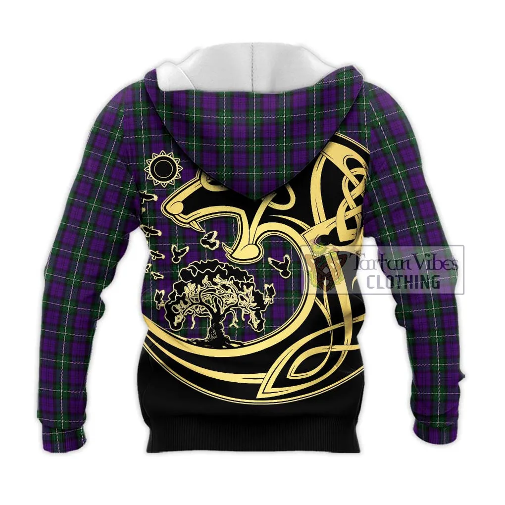 Baillie Highland Society Tartan Knitted Hoodie with Family Crest Celtic Wolf Style