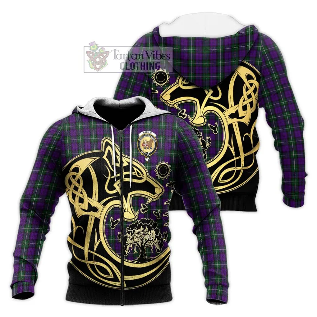 Baillie Highland Society Tartan Knitted Hoodie with Family Crest Celtic Wolf Style