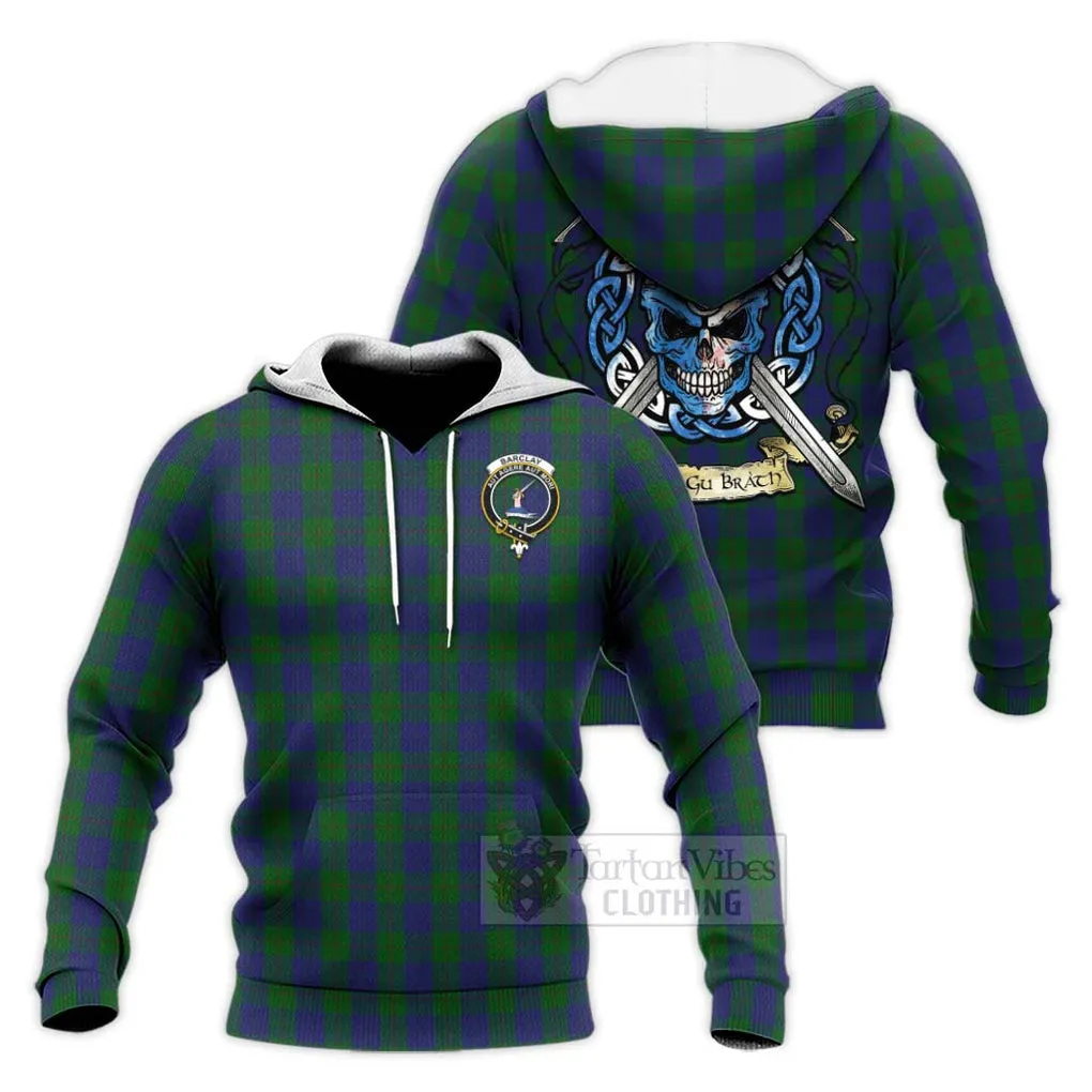 Barclay Tartan Knitted Hoodie with Family Crest Celtic Skull Style