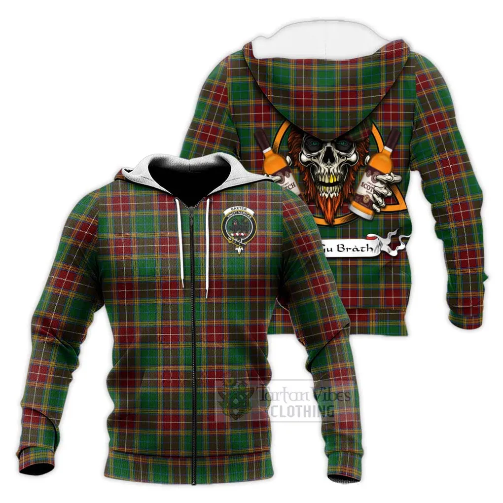 Baxter Tartan Knitted Hoodie with Family Crest and Bearded Skull Holding Bottles of Whiskey