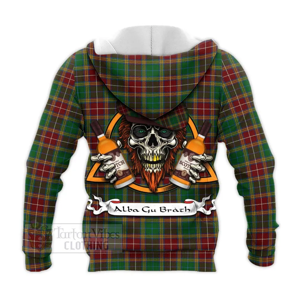 Baxter Tartan Knitted Hoodie with Family Crest and Bearded Skull Holding Bottles of Whiskey