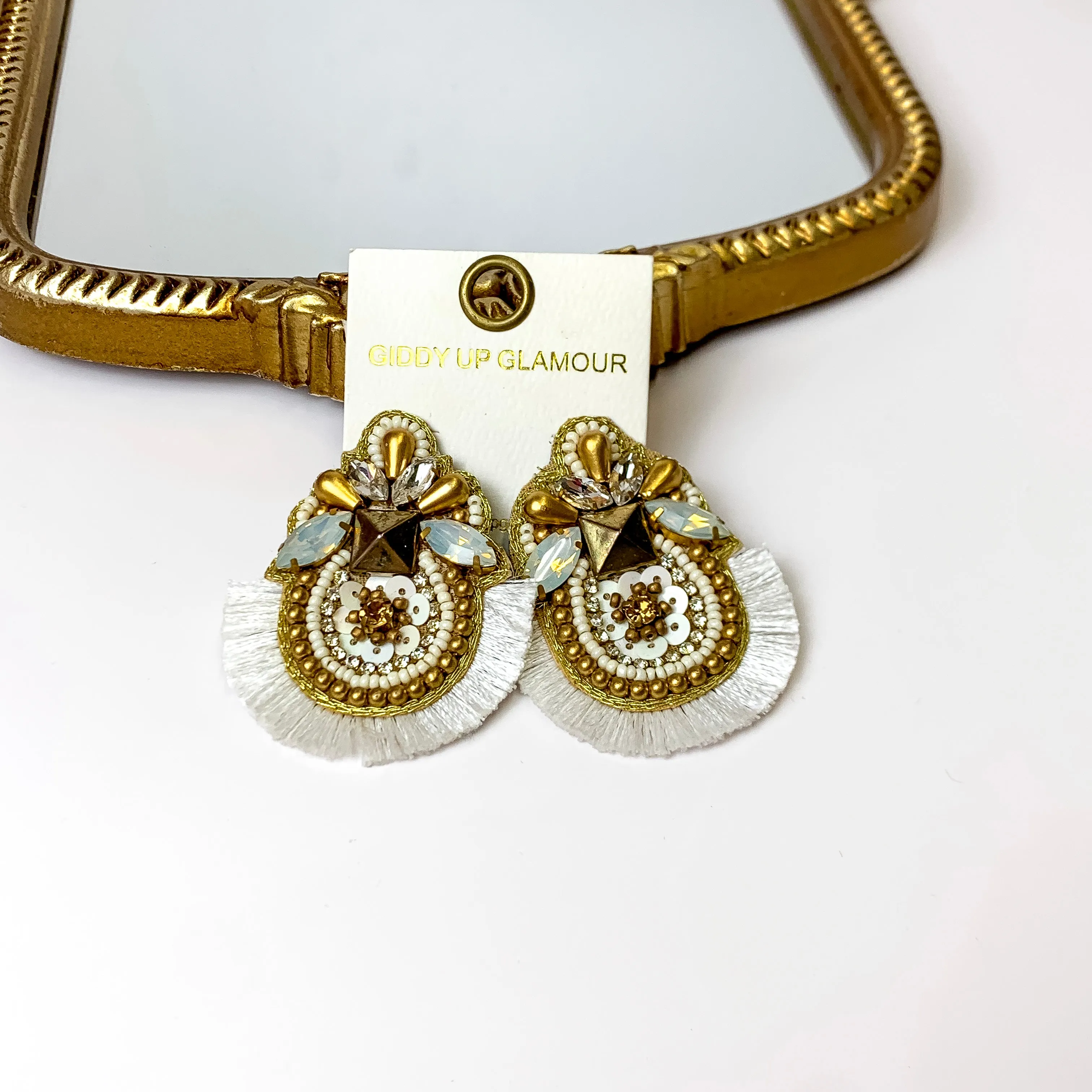 Beaded Statement Earrings with Fringe Outline in White and Gold