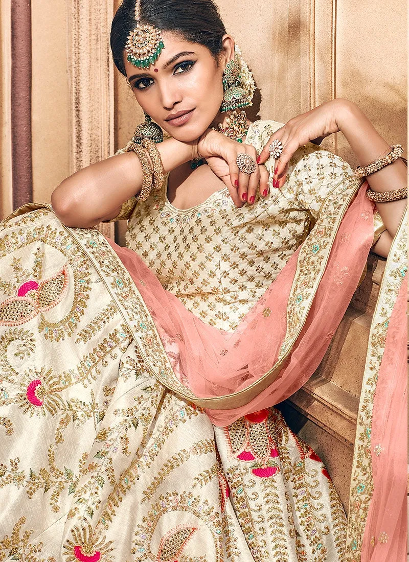 Beige And Peach Hand Embroidered Lehenga Choli