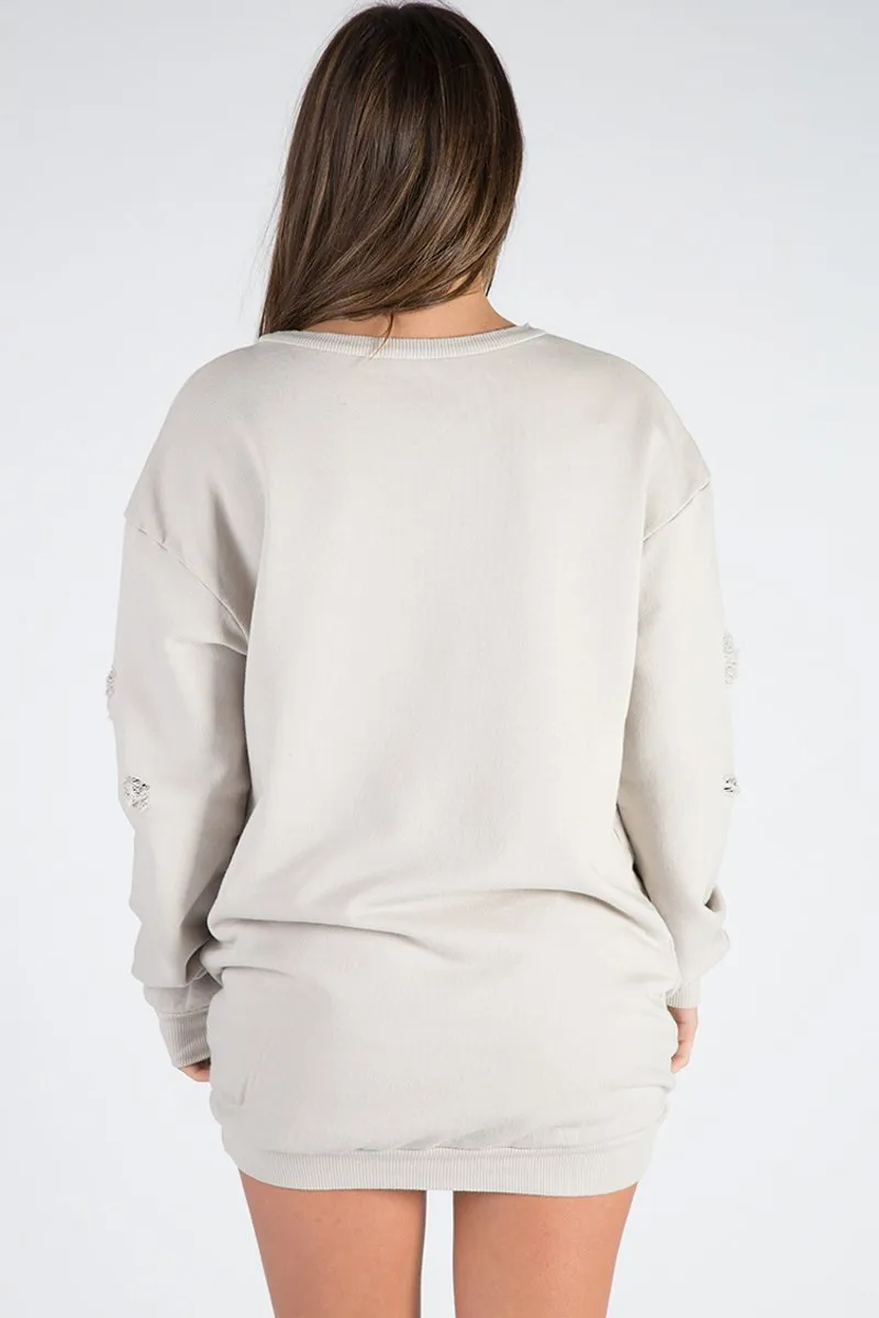 Beige Distressed Detail Sweatshirt Jumper Dress - Ivy