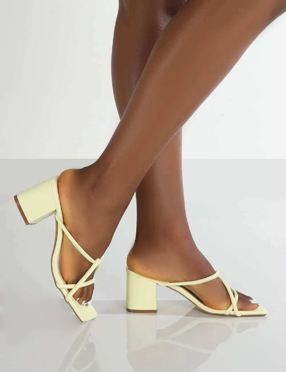 Belle Yellow PU Cross Strap Mule Block Heels