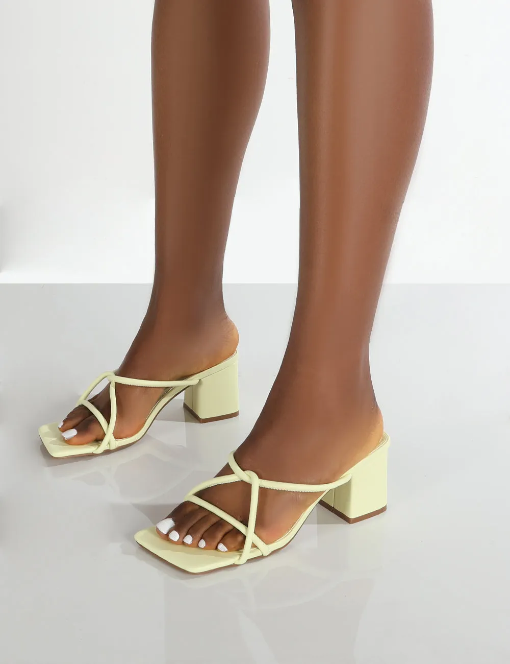 Belle Yellow PU Cross Strap Mule Block Heels