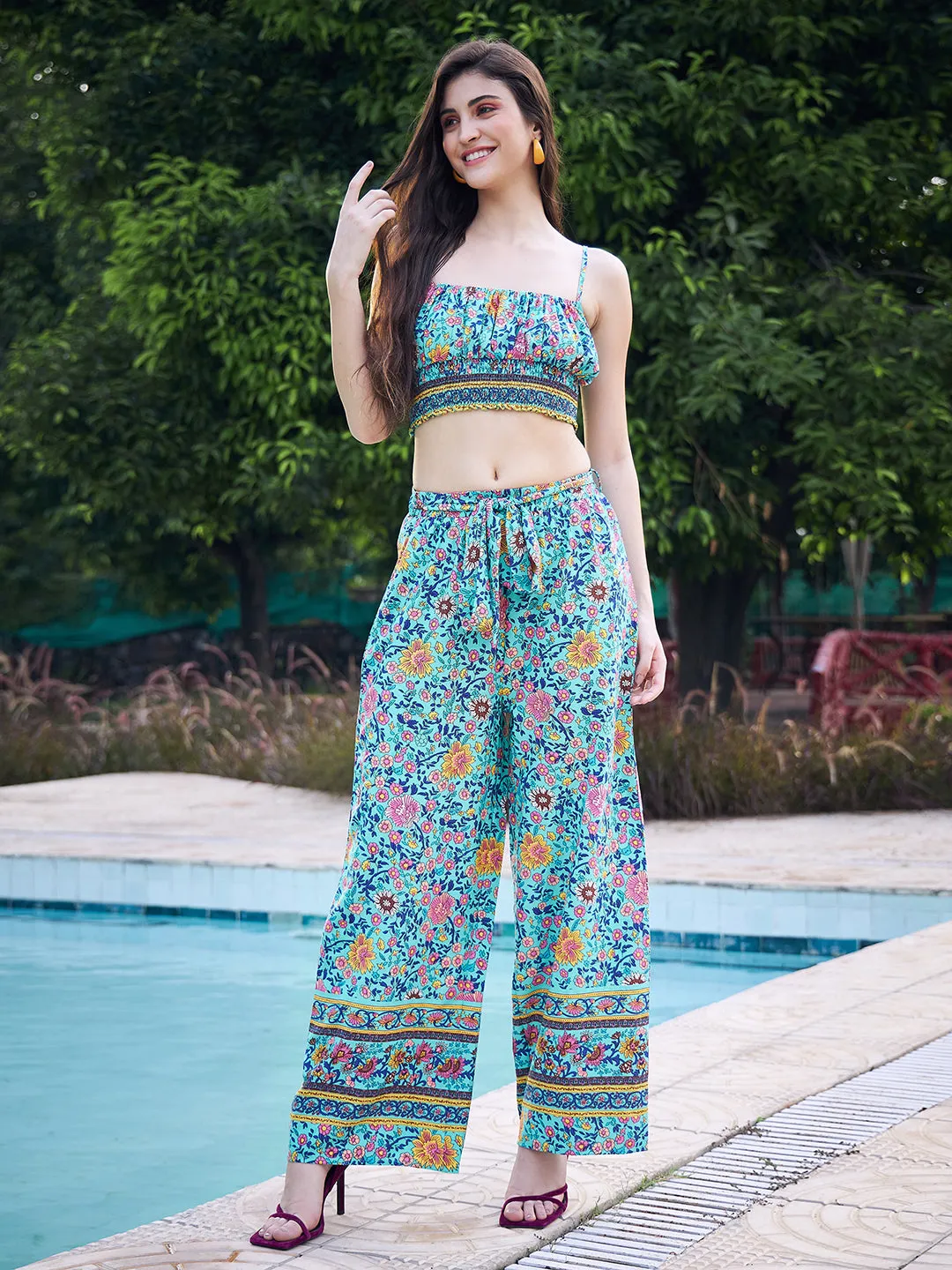 Berrylush Women Blue & Pink Tribal Printed Round Neck Waist Tie-Up Crop Top & Wide-Leg Trousers Set