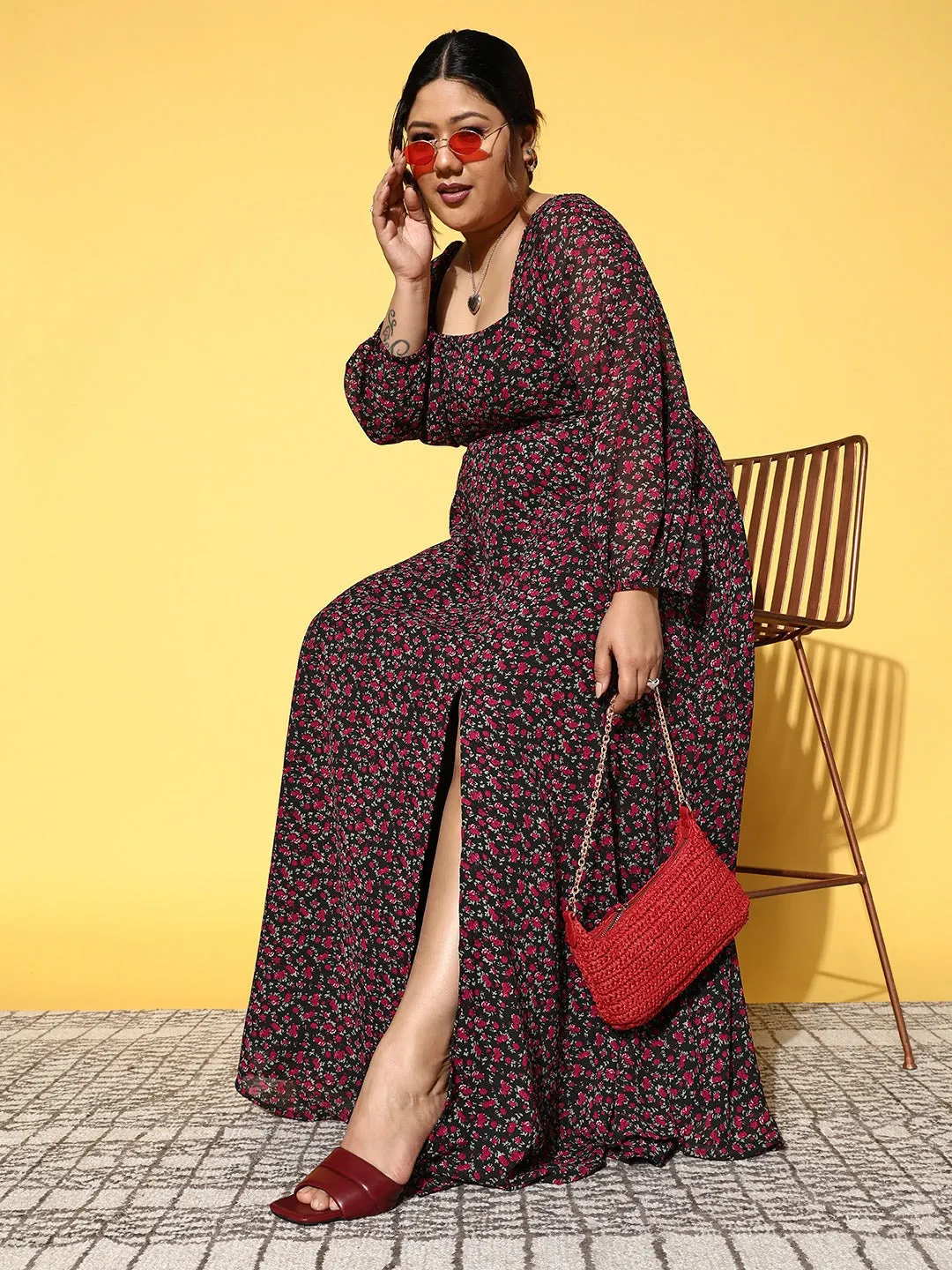 Berrylush Women Plus Size Black & Fuchsia Floral Printed Square Neck Thigh-High Slit Fit & Flare Maxi Dress