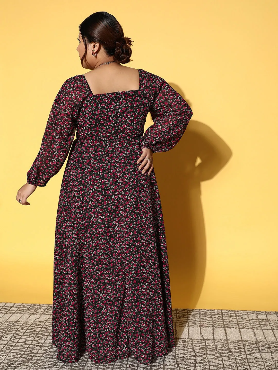 Berrylush Women Plus Size Black & Fuchsia Floral Printed Square Neck Thigh-High Slit Fit & Flare Maxi Dress