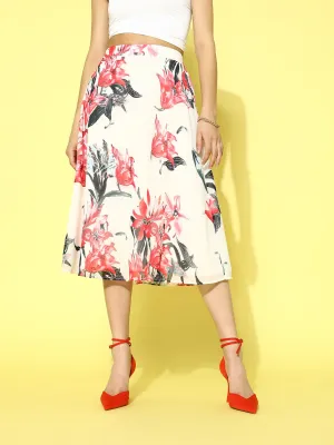 Berrylush Women White & Red Floral Printed Georgette Slip-On Flared Midi Skirt