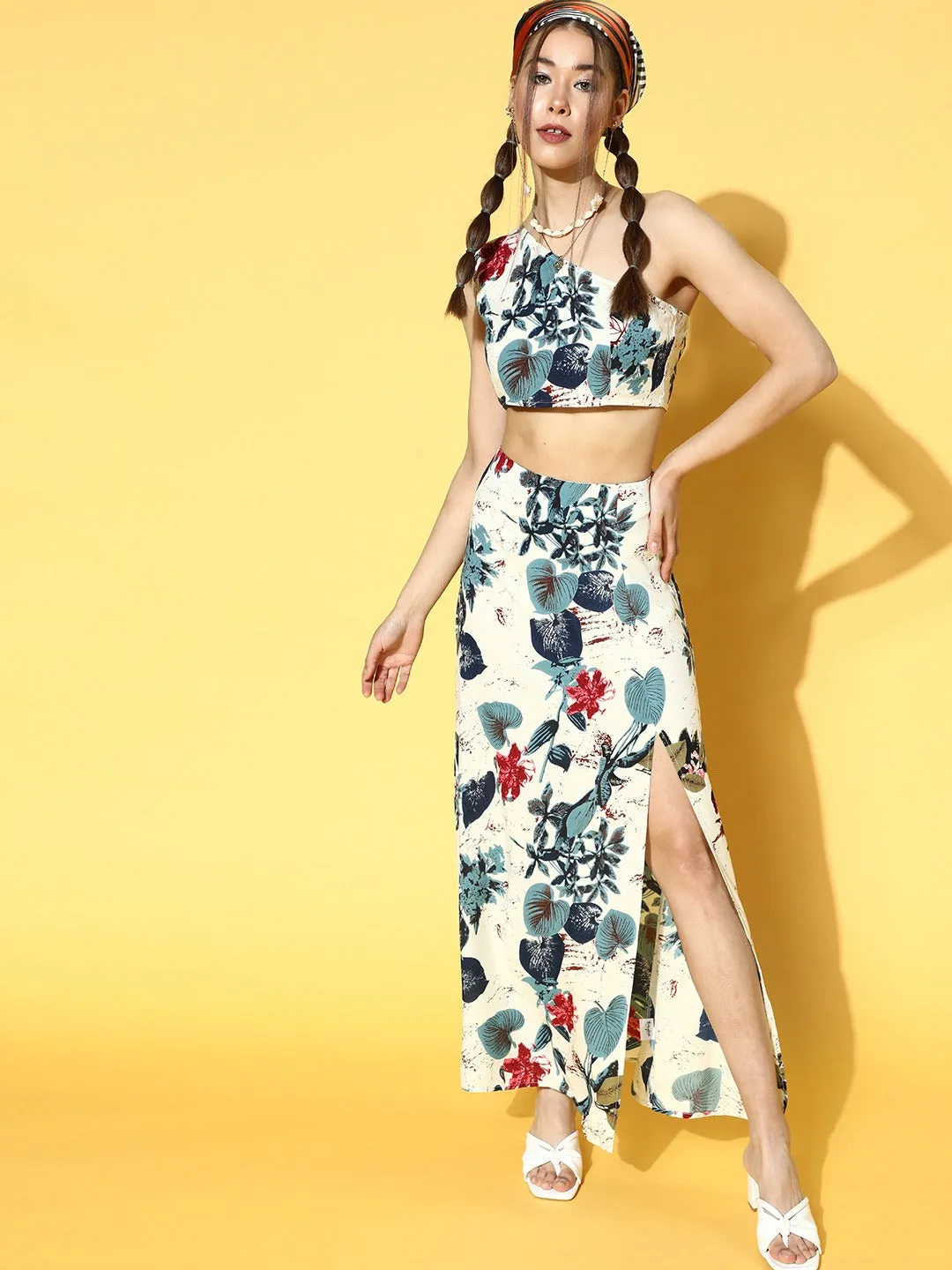 Berrylush Women White & Teal Floral Printed One-Shoulder Neck Thigh-High Slit Maxi Co-Ordinate Set