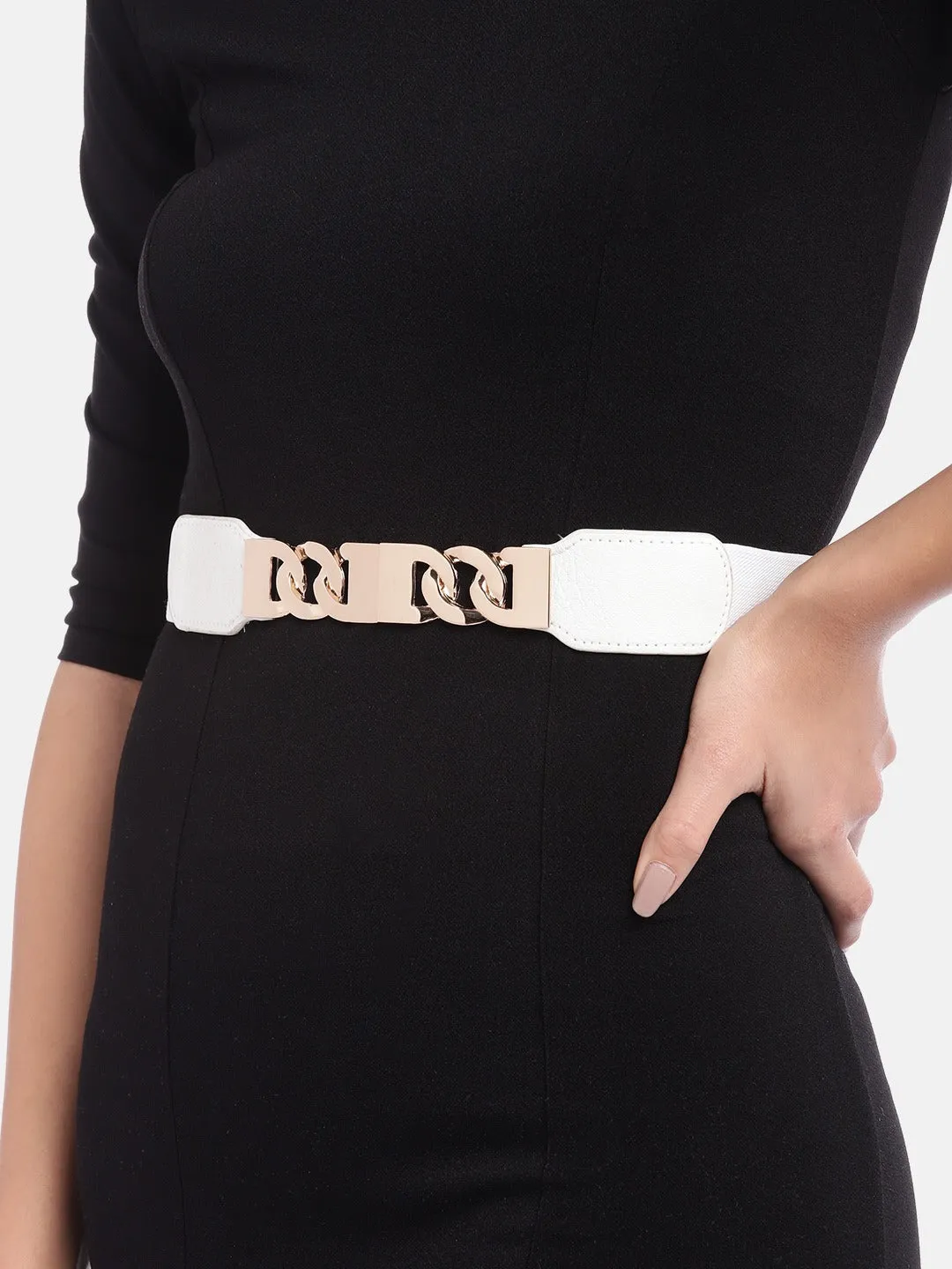 Berrylush Women White Elastic Strap Chain Buckle Belt