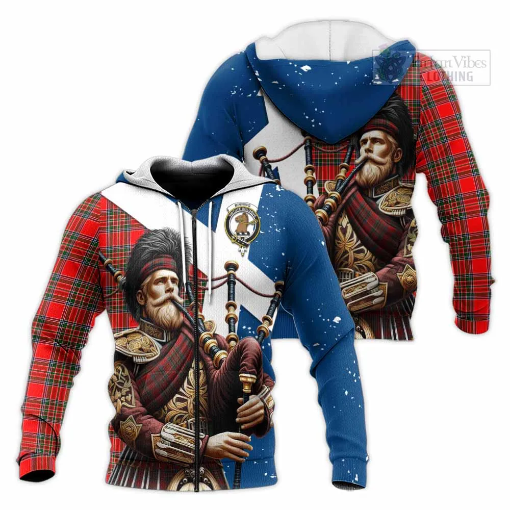 Binning Tartan Knitted Hoodie with Family Crest Scottish Bagpiper Vibes