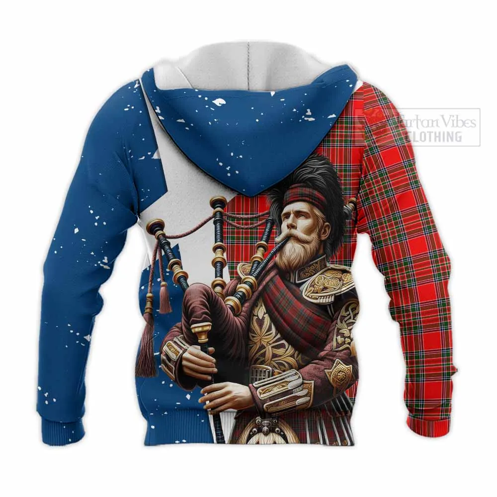 Binning Tartan Knitted Hoodie with Family Crest Scottish Bagpiper Vibes