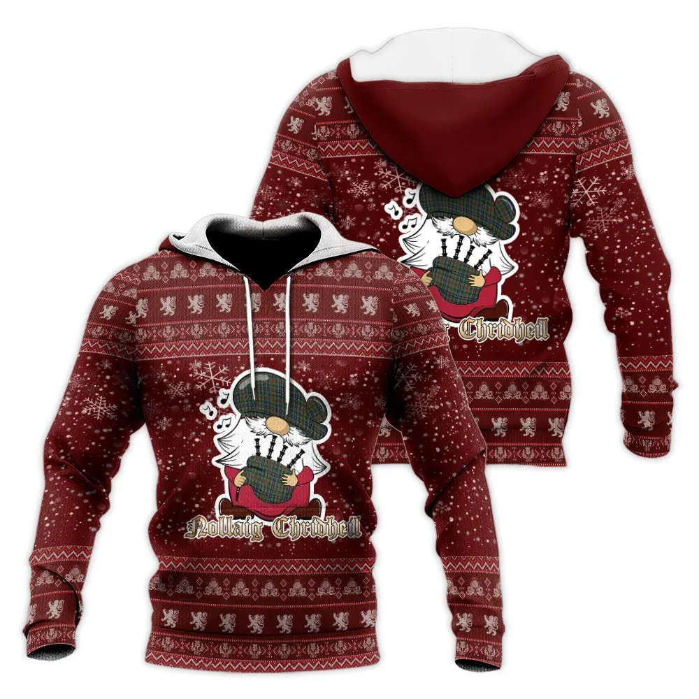 Bisset Clan Christmas Knitted Hoodie with Funny Gnome Playing Bagpipes