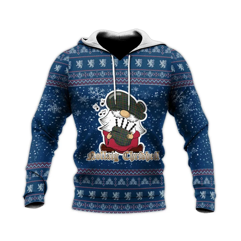 Bisset Clan Christmas Knitted Hoodie with Funny Gnome Playing Bagpipes