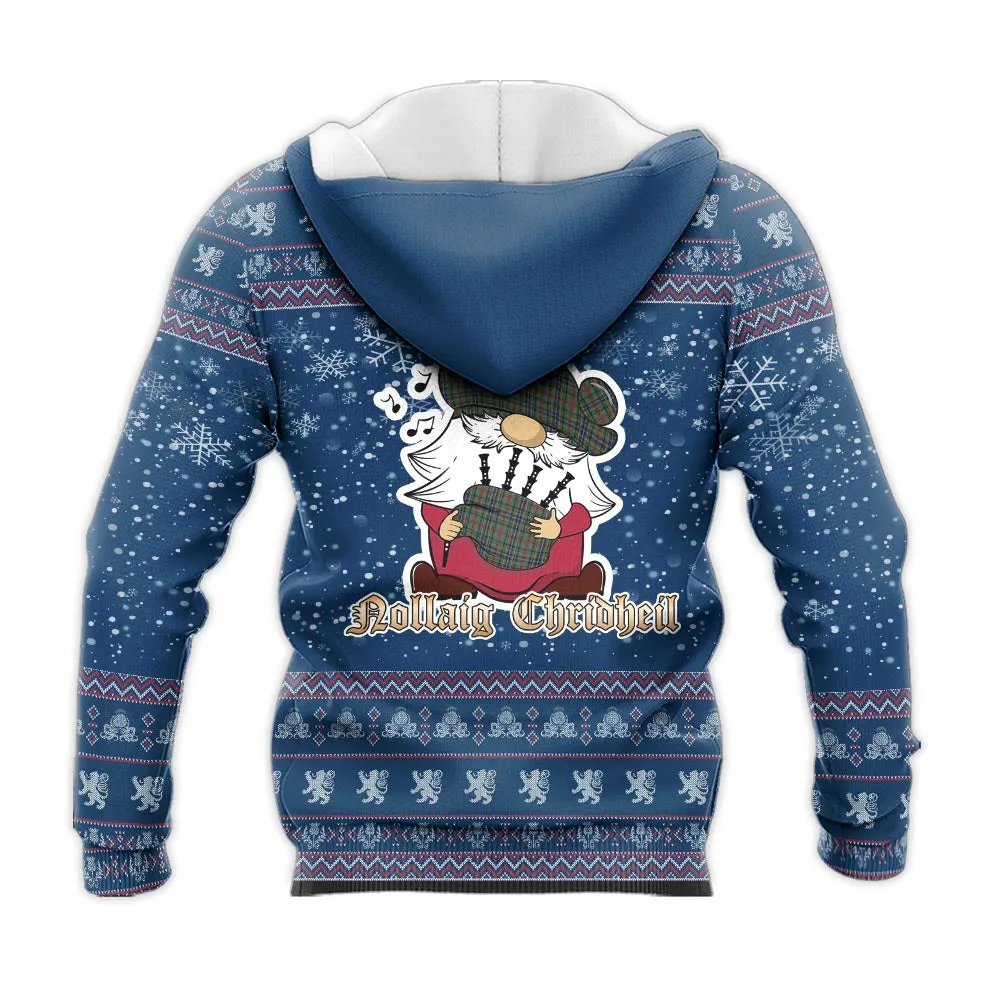 Bisset Clan Christmas Knitted Hoodie with Funny Gnome Playing Bagpipes