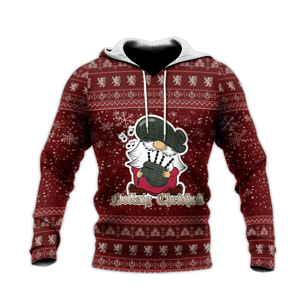 Bisset Clan Christmas Knitted Hoodie with Funny Gnome Playing Bagpipes