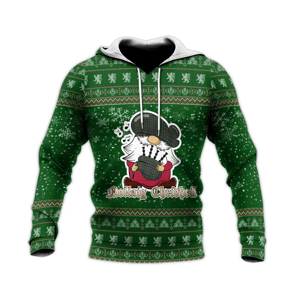 Bisset Clan Christmas Knitted Hoodie with Funny Gnome Playing Bagpipes