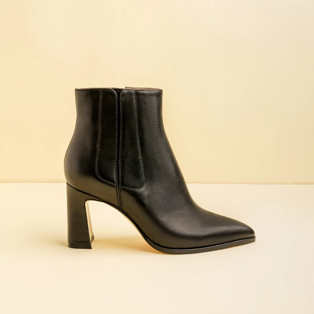 Black Calf Leather Bold Block Ankle Boot