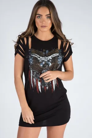 Black Distressed America Love Angel Graphic T-Shirt Dress - Skyler