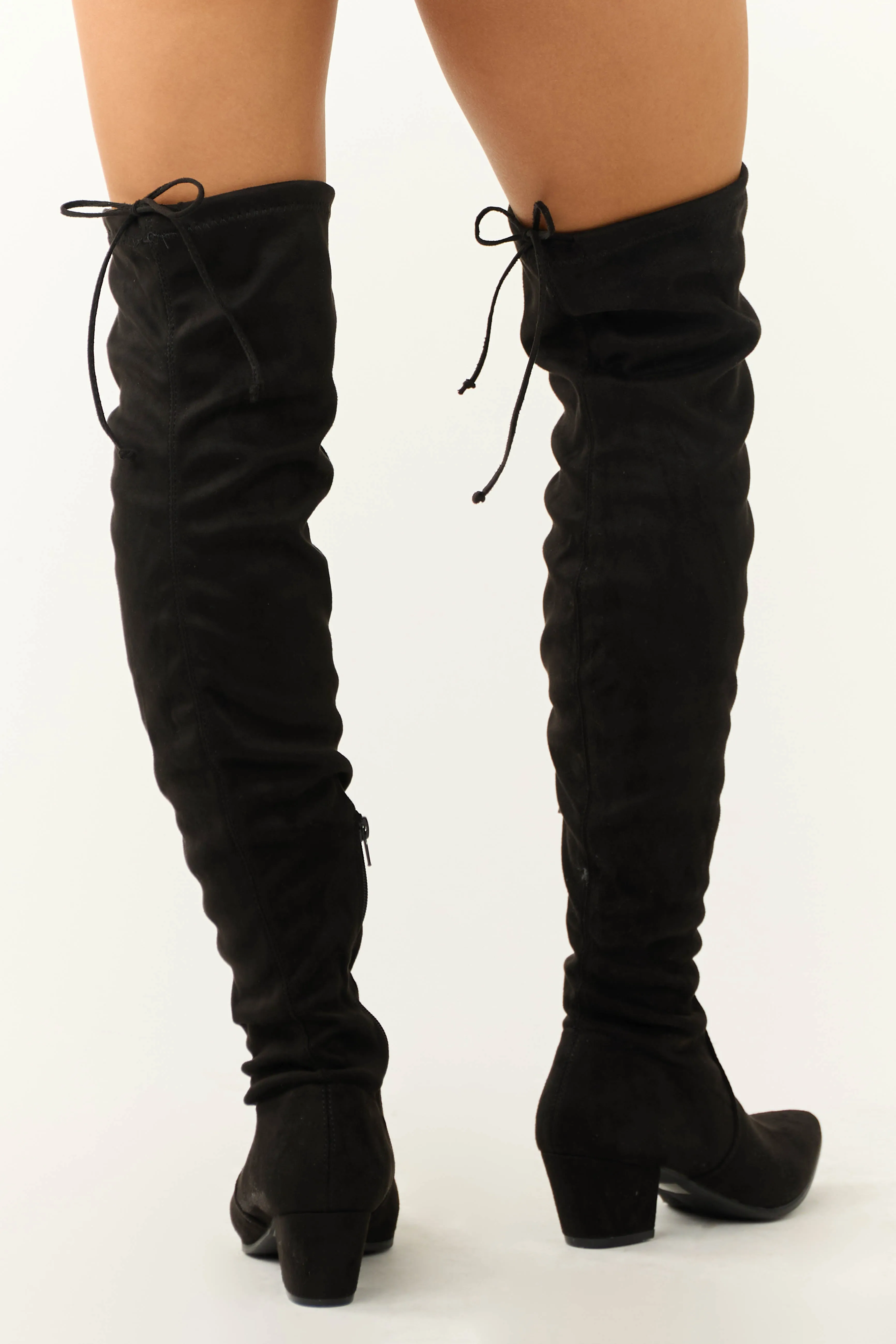 Black Faux Suede Drawstring Thigh High Boots