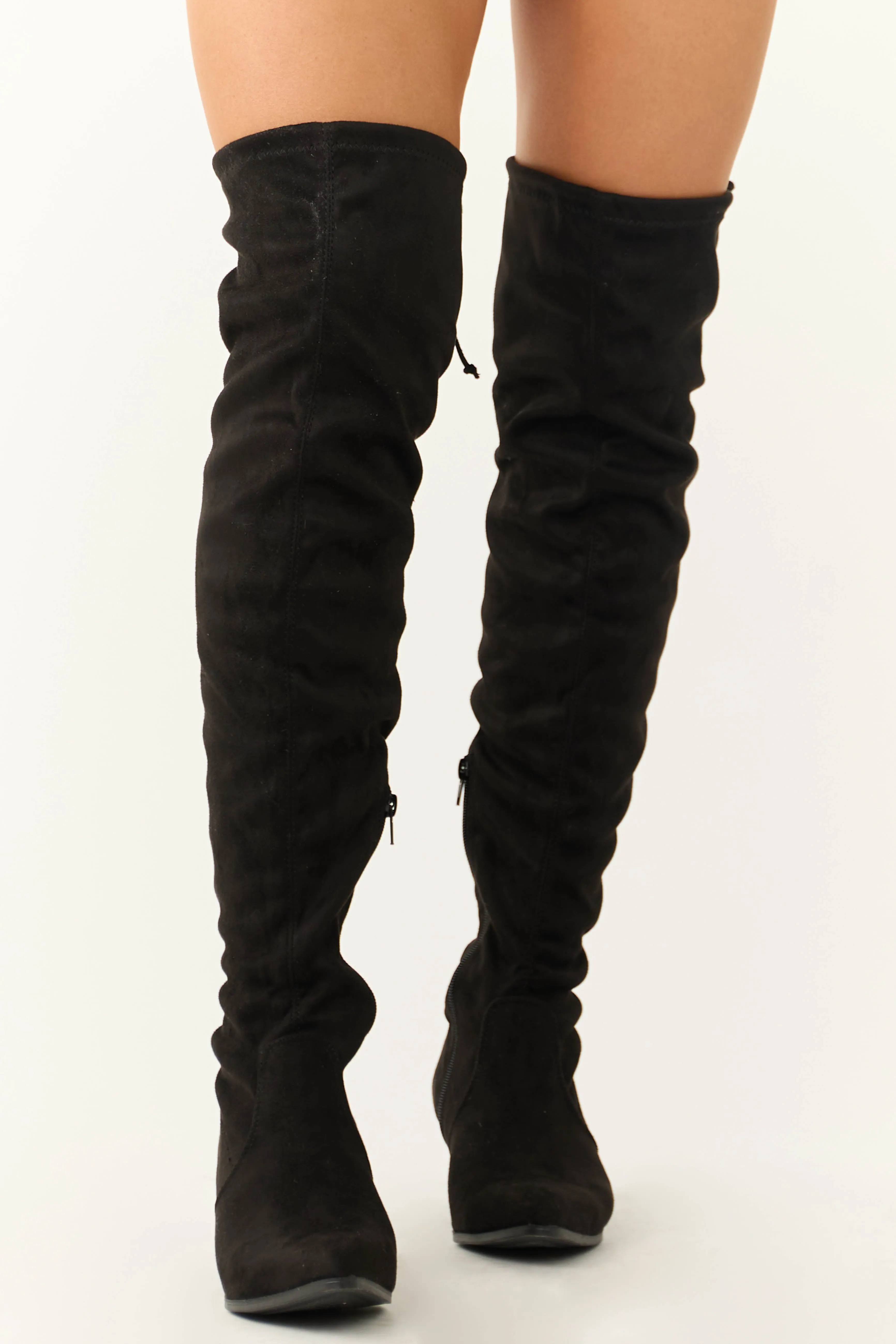 Black Faux Suede Drawstring Thigh High Boots