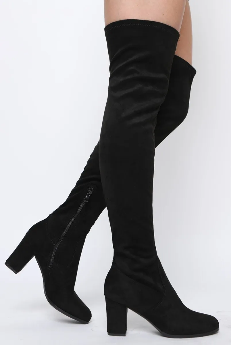 Black Suede Block Heel Thigh High Boots - Cayla