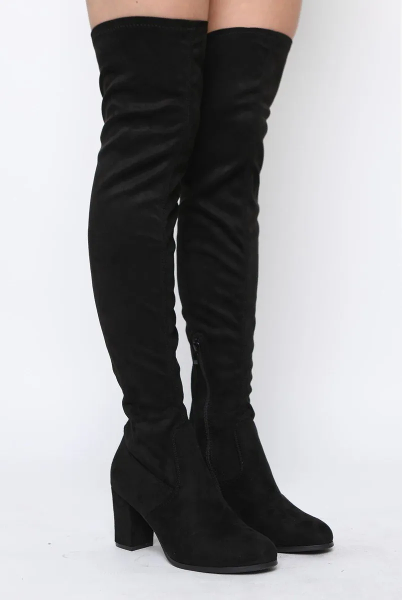 Black Suede Block Heel Thigh High Boots - Cayla