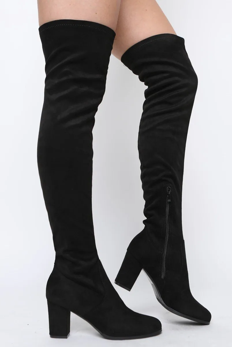 Black Suede Block Heel Thigh High Boots - Cayla