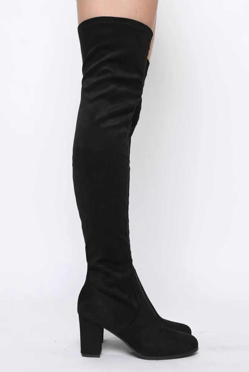 Black Suede Block Heel Thigh High Boots - Cayla