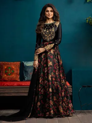 Black With Floral Minimalist Embroidered Anarkali