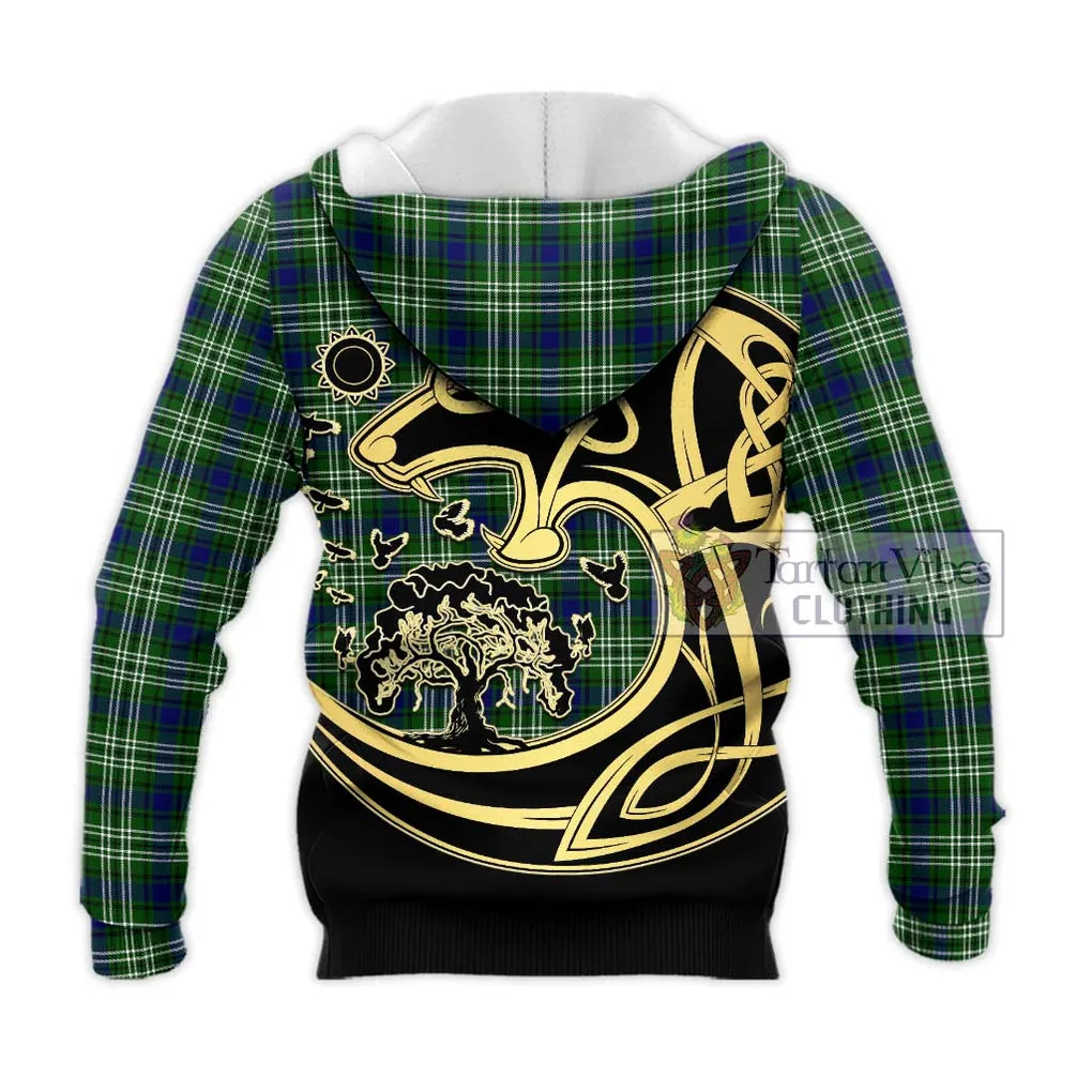 Blackadder Tartan Knitted Hoodie with Family Crest Celtic Wolf Style