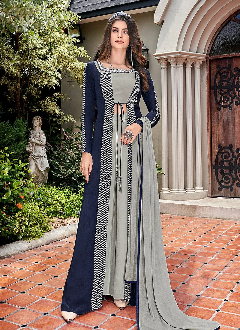 Blue And Grey Embroidered Jacket Style Palazzo Suit Set