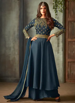 Blue Golden Embroidered Palazzo Pant Suit