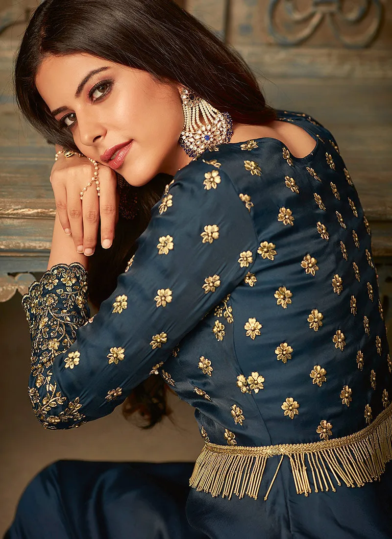 Blue Golden Embroidered Palazzo Pant Suit