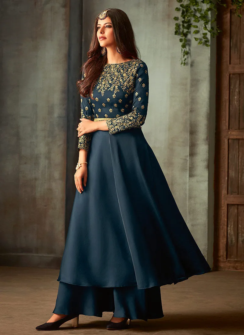 Blue Golden Embroidered Palazzo Pant Suit