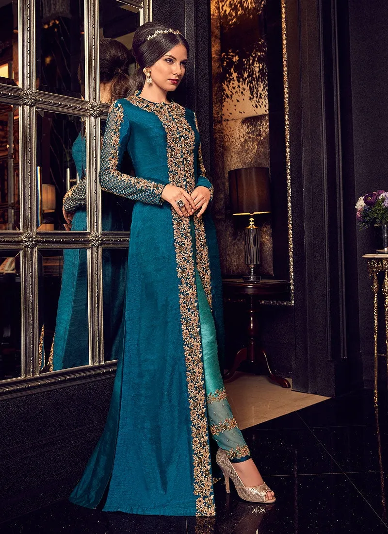 Blue In Dual Tone Traditional Embroidered Anarkali Suit