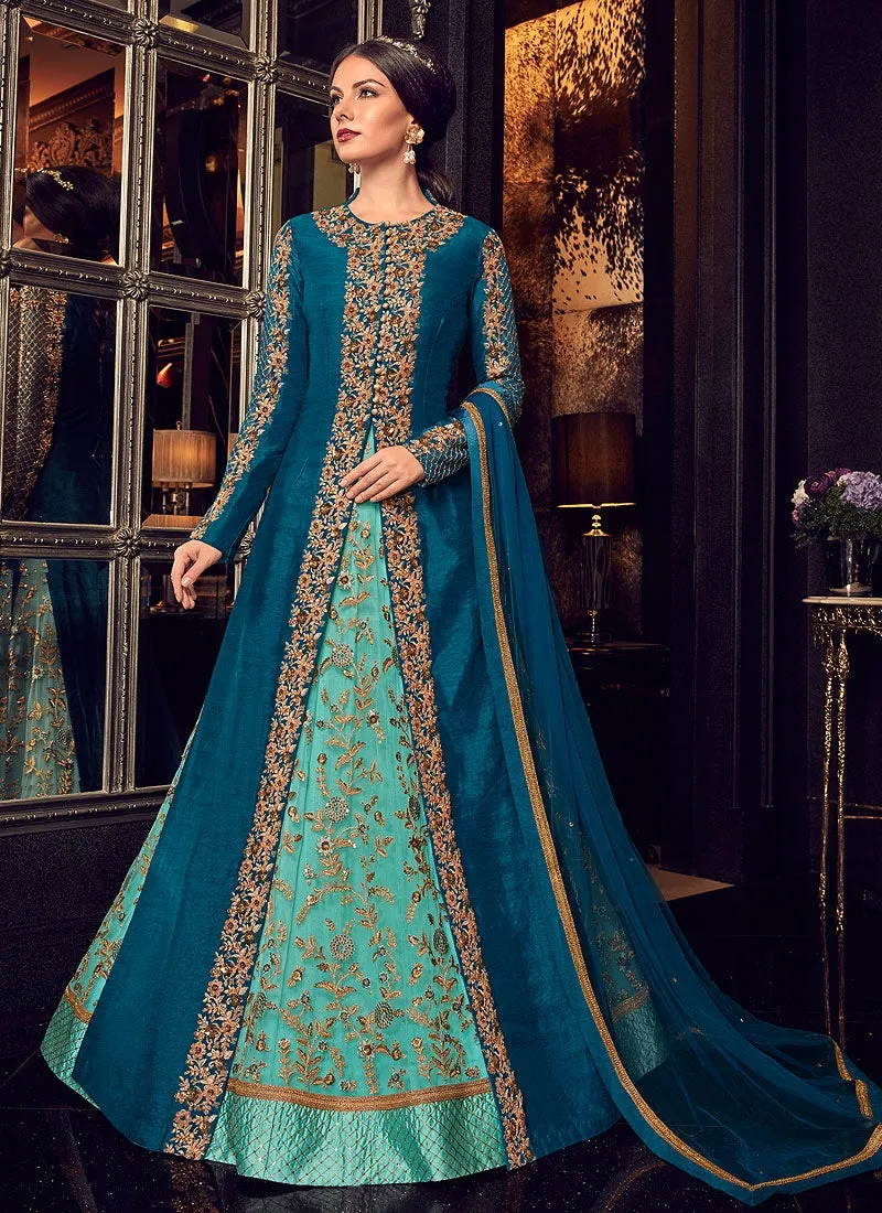 Blue In Dual Tone Traditional Embroidered Anarkali Suit