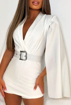 Bold Moves White Drape Sleeve Belted Playsuit