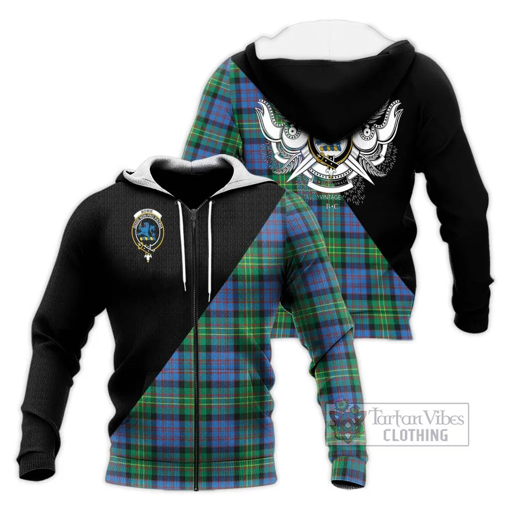 Bowie Ancient Tartan Knitted Hoodie with Family Crest and Military Logo Style