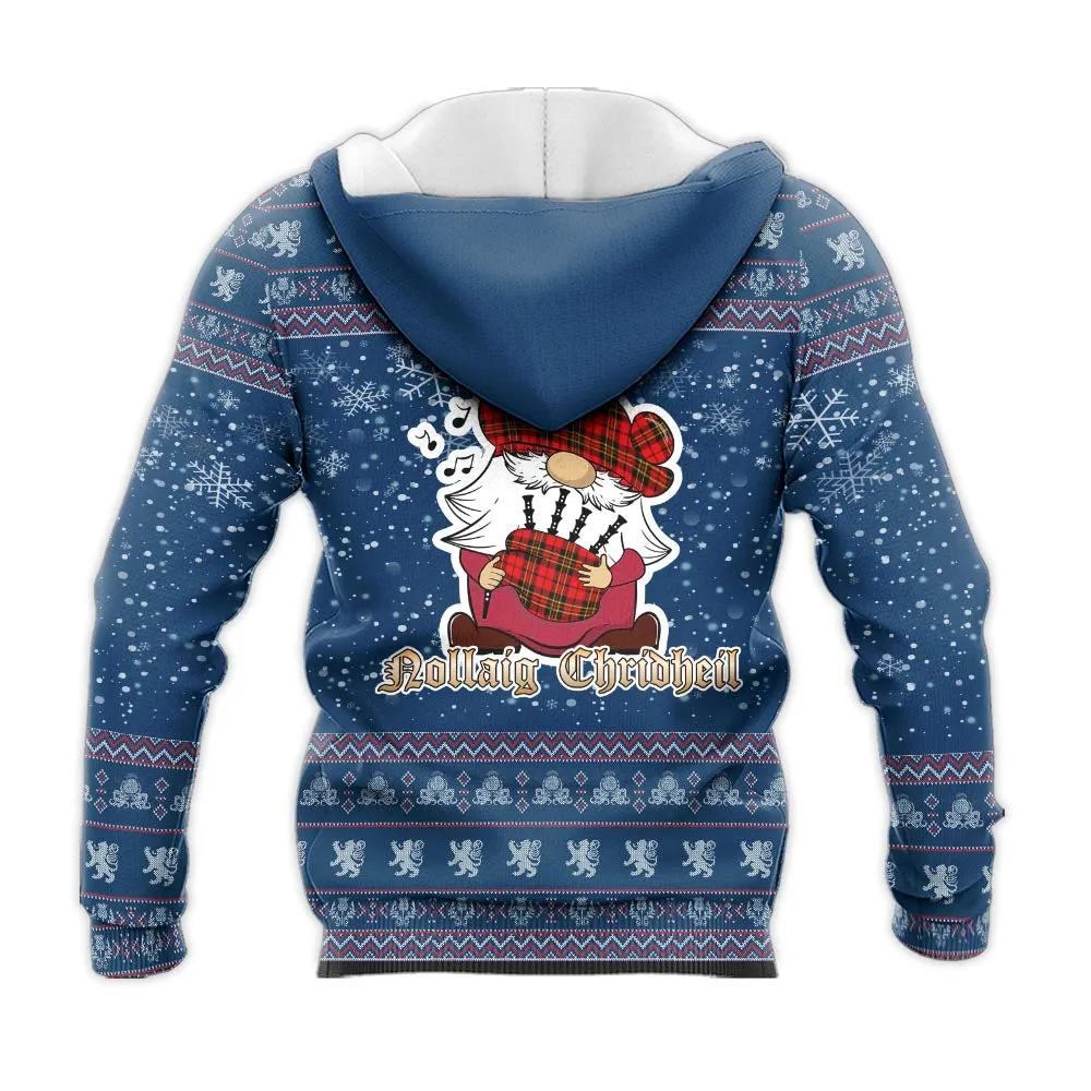 Brodie Modern Clan Christmas Knitted Hoodie with Funny Gnome Playing Bagpipes