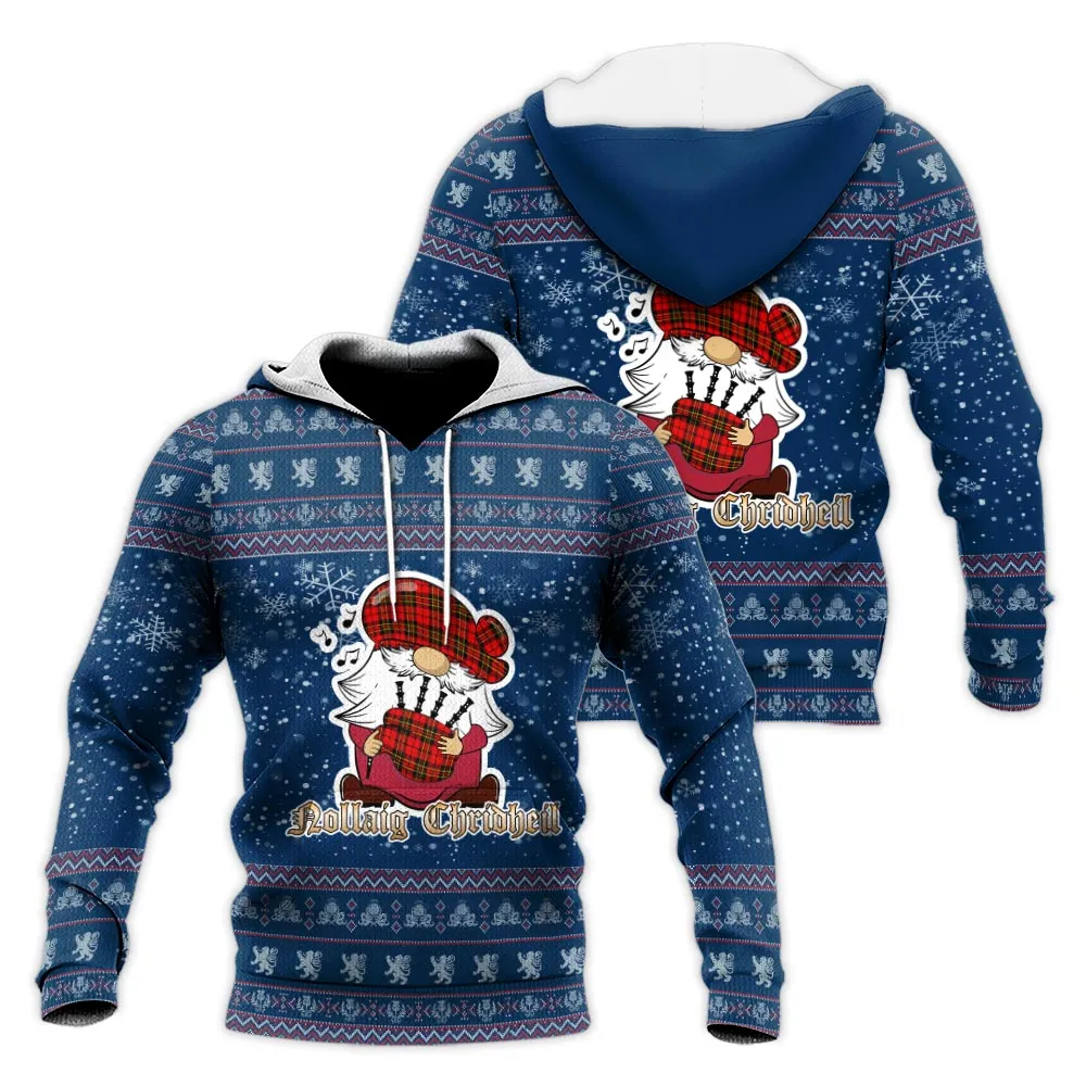 Brodie Modern Clan Christmas Knitted Hoodie with Funny Gnome Playing Bagpipes