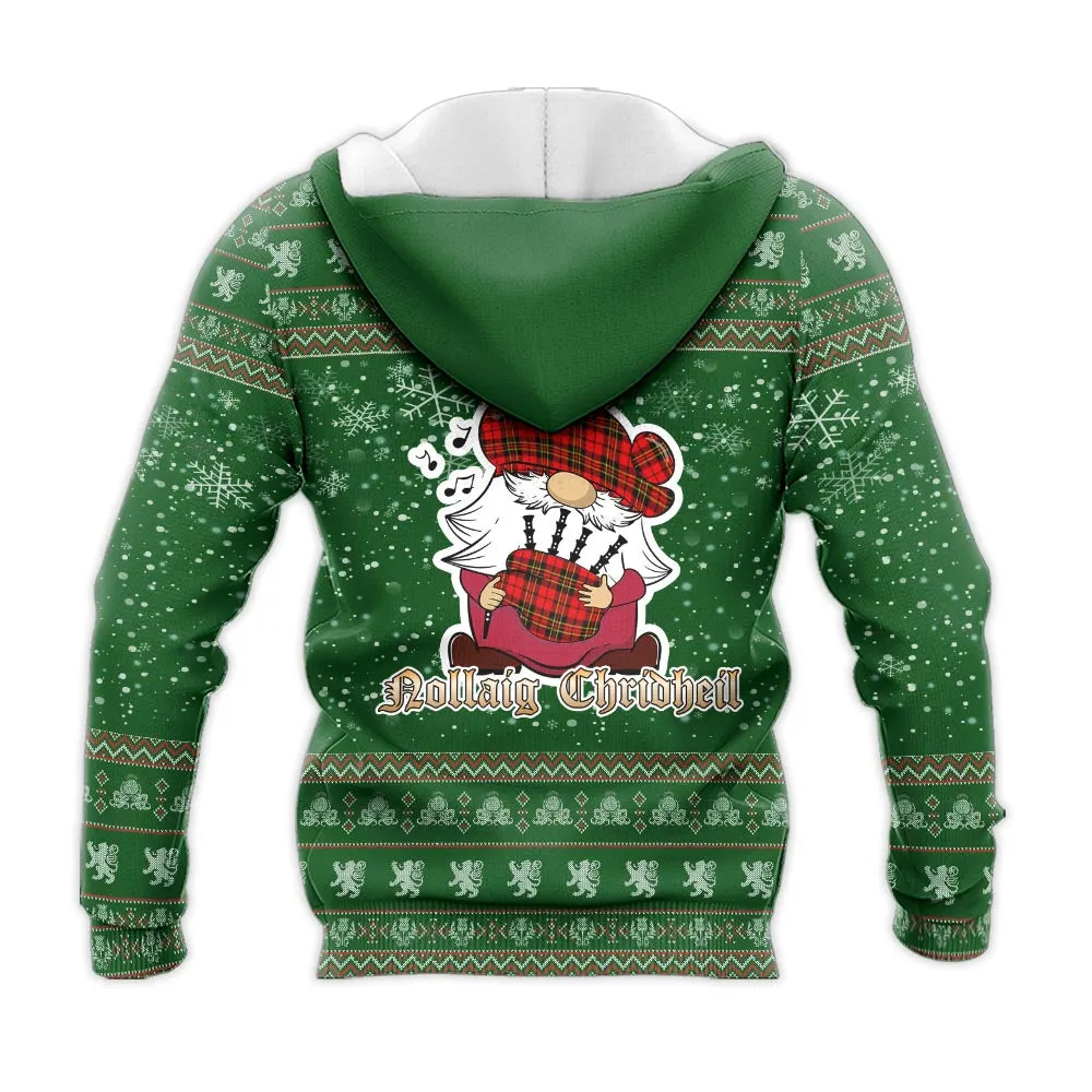 Brodie Modern Clan Christmas Knitted Hoodie with Funny Gnome Playing Bagpipes