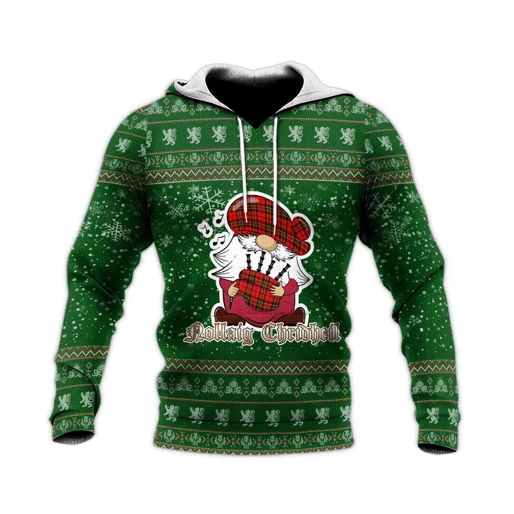 Brodie Modern Clan Christmas Knitted Hoodie with Funny Gnome Playing Bagpipes