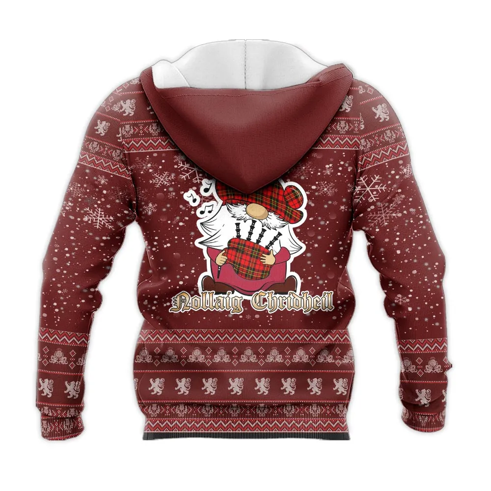 Brodie Modern Clan Christmas Knitted Hoodie with Funny Gnome Playing Bagpipes