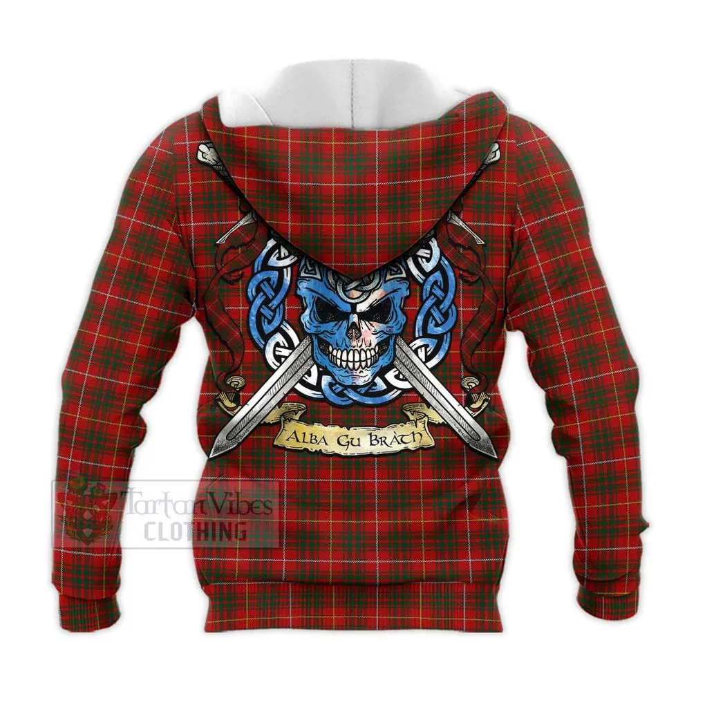 Bruce Tartan Knitted Hoodie with Family Crest Celtic Skull Style